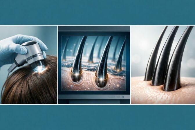 ak pozbyć się łupieżu i leczyć łysienie androgenowe w Katowicach – infografika z badania trychologicznego w Med Experts pokazująca zdrowy wzrost włosów po profesjonalnej diagnozie.