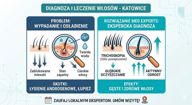 Badanie trychologiczne Katowice - porównanie zablokowanego i zdrowego mieszka włosowego w Med Experts