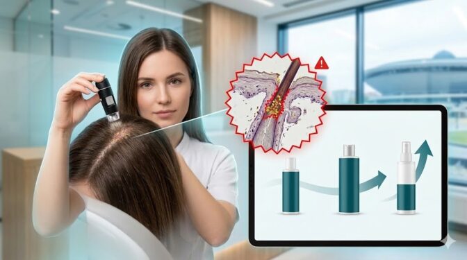 Wizualizacja diagnostyki trychologicznej Med Experts Katowice - leczenie łupieżu Rebitalia Professional, peeling i szampon przeciwłupieżowy.