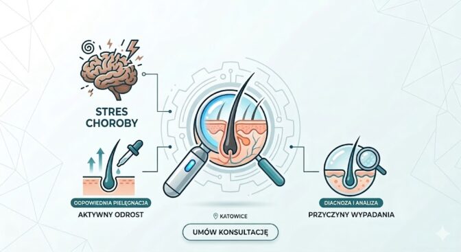 Wizualizacja kompleksowego badania trychologicznego w Med Experts Katowice – łączenie zdrowia włosów i organizmu.